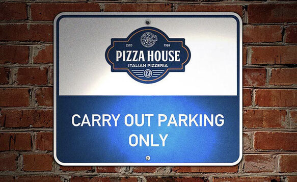 Custom aluminum parking sign for Pizza House with blue and white design reading 'Carry Out Parking Only