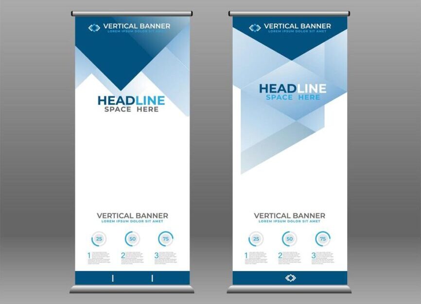 modern-vertical-roll-up-banner-with-blue-polygons-free-vector