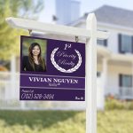 Home For Sale Real Estate Sign in Front of Beautiful New House.