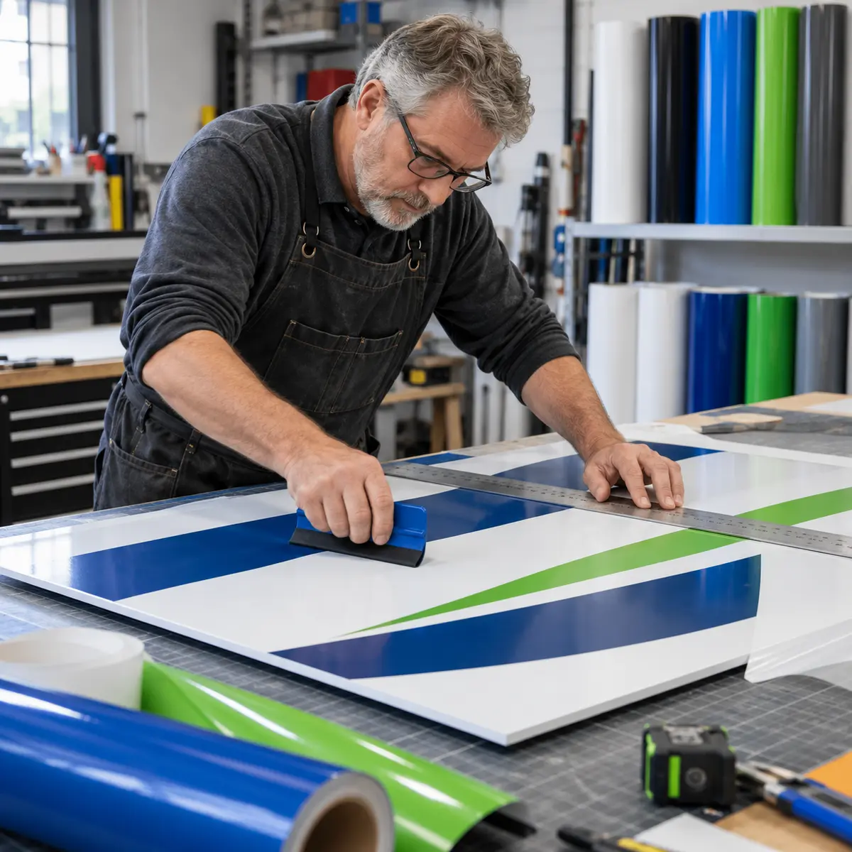 Experienced sign maker applying vinyl graphics to a flat business sign panel