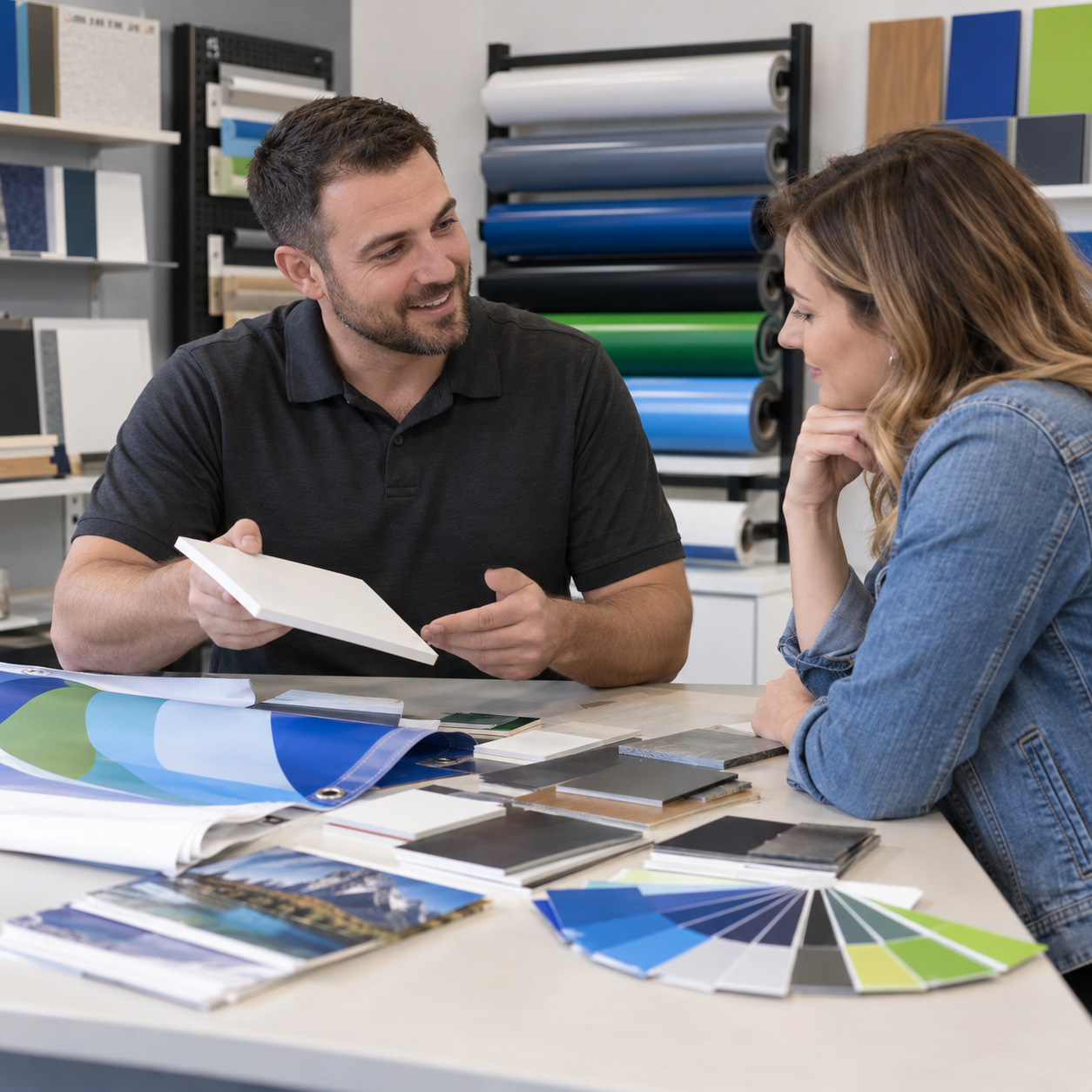 Sign specialist discussing materials and design options with a local business customer
